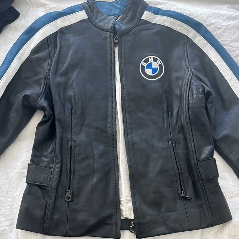 BMW Black Leather Jacket with Blue and White Stripes
